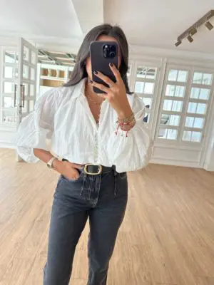 Tiny Sedef Düğmeli Balon Kol Crop Gömlek