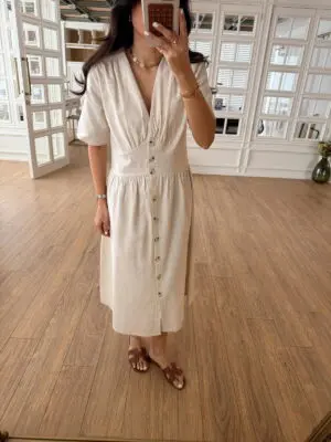 Wespa Natural V Yaka Düğmeli Midi Boy Elbise