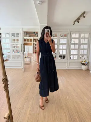 Phlip Lacivert Sıfır Kol Kuşaklı Gizli Patlı Jean Elbise