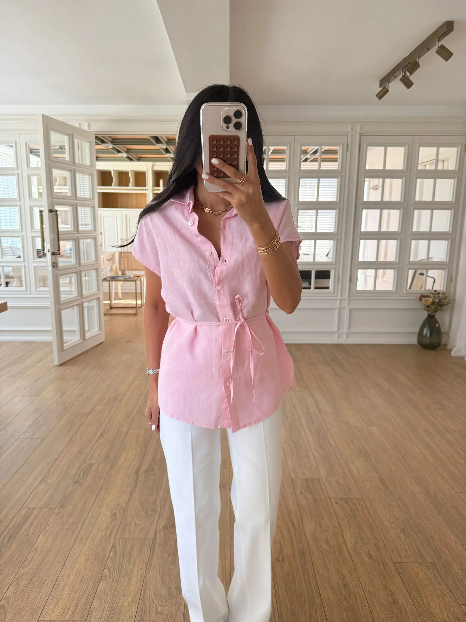 Alera T Kol Yandan Bağlamalı Keten Gömlek - Pembe, 34