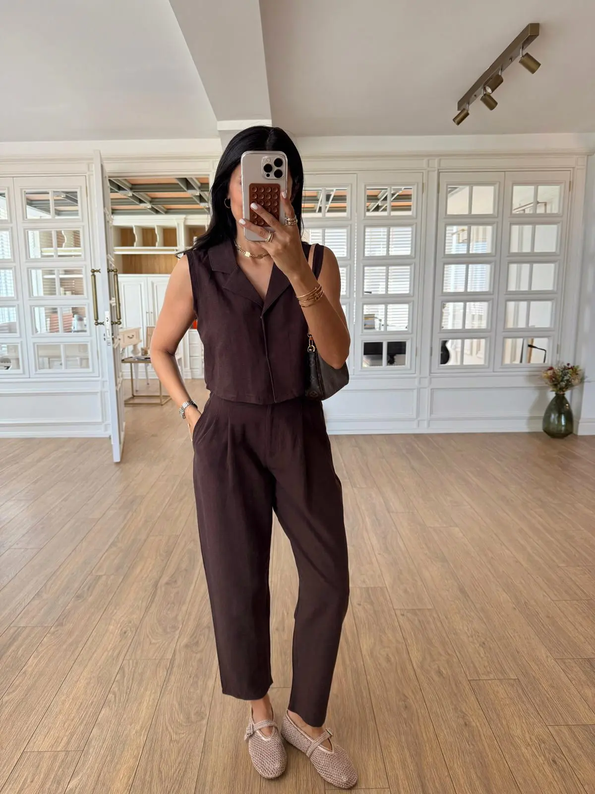 Selanie Keten Crop Bluz-Pantolon Takım