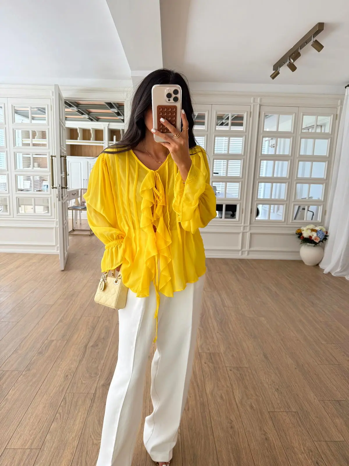 Melanie NM Fırfır Detaylı Şifon Gömlek/Bluz - Sarı, Standart