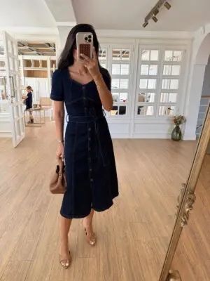 Taks Kare Yaka Gümüş Düğmeli Jean Elbise