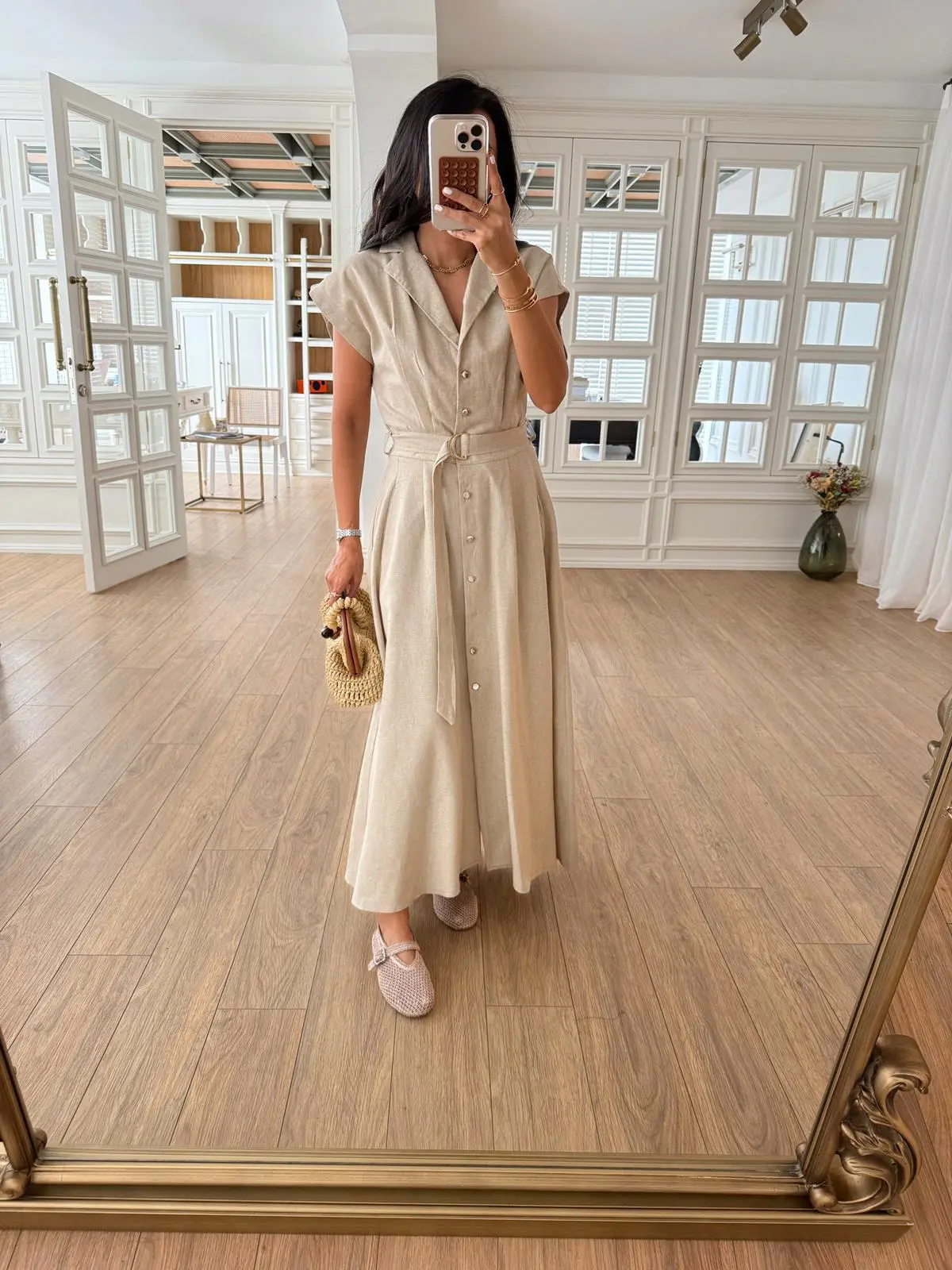 Omilika Gold Düğmeli Kuşaklı Linen Elbise