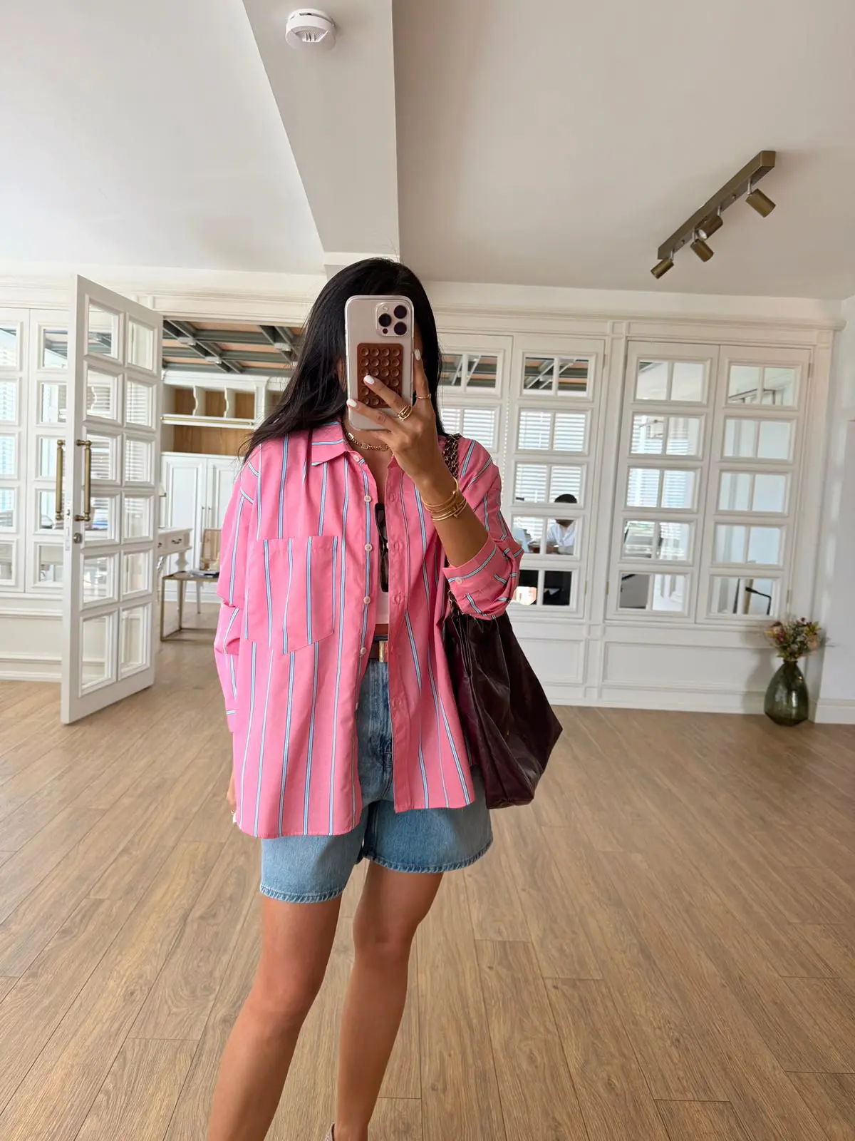 Lenisa Qs Çizgili Cepli Gömlek - Pembe, Standart