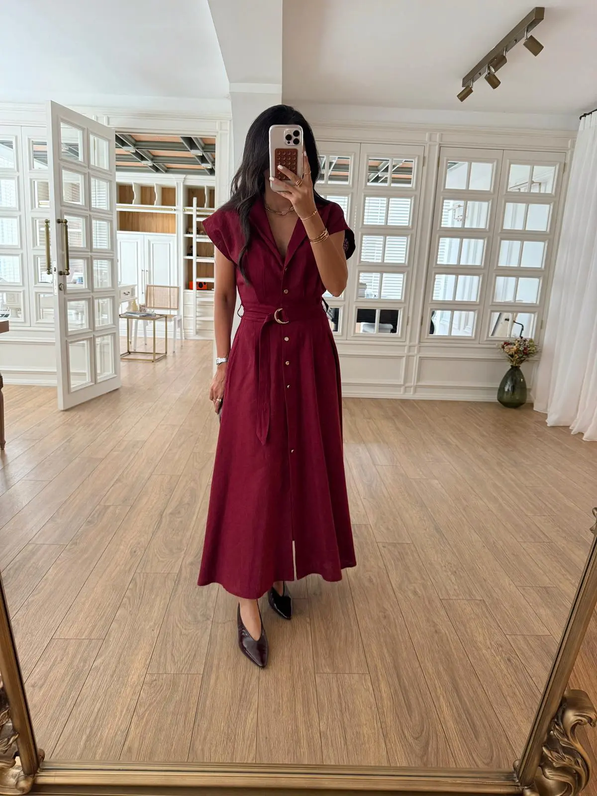 Omilika Gold Düğmeli Kuşaklı Linen Elbise