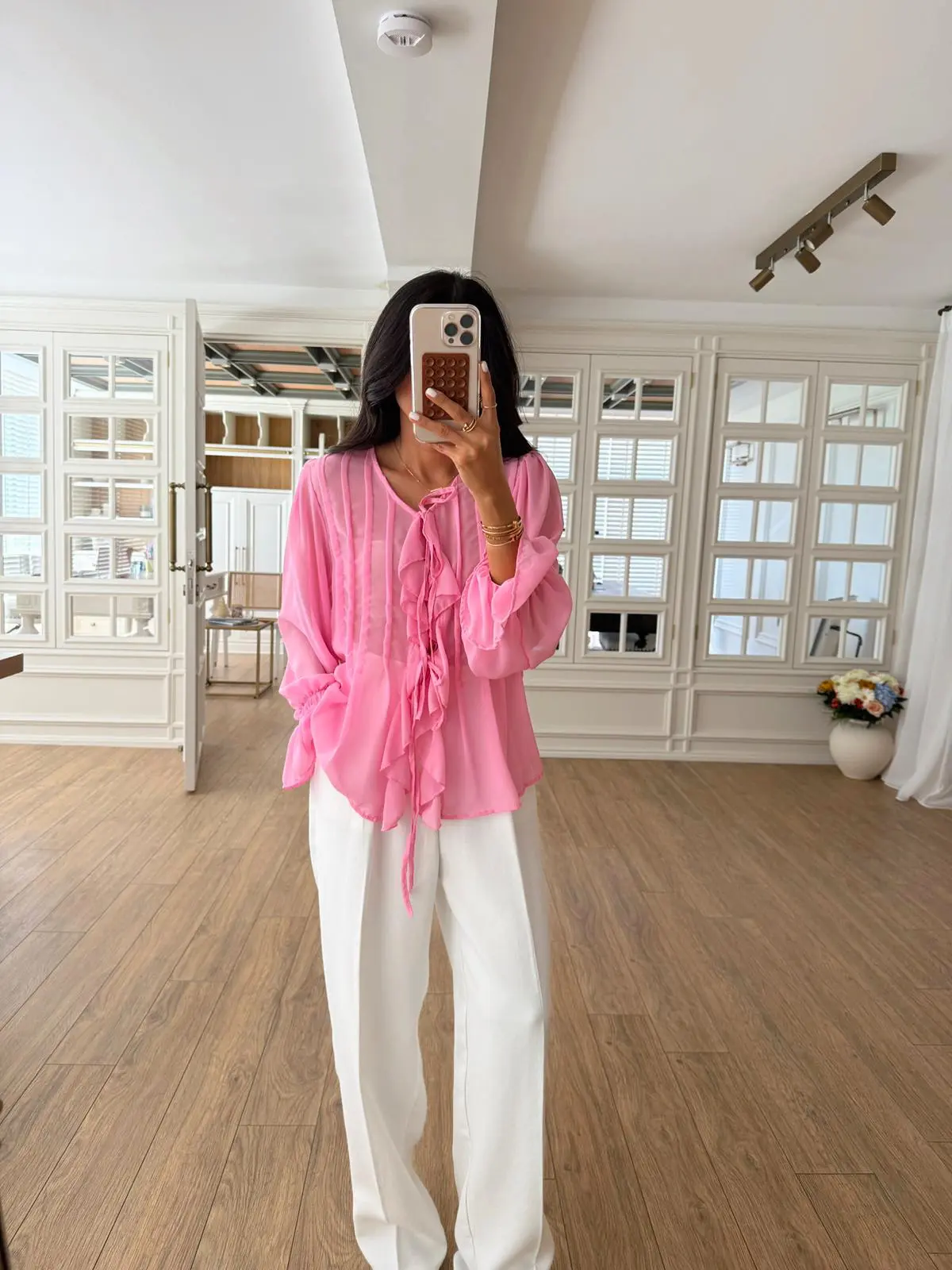 Melanie NM Fırfır Detaylı Şifon Gömlek/Bluz - Pembe, Standart