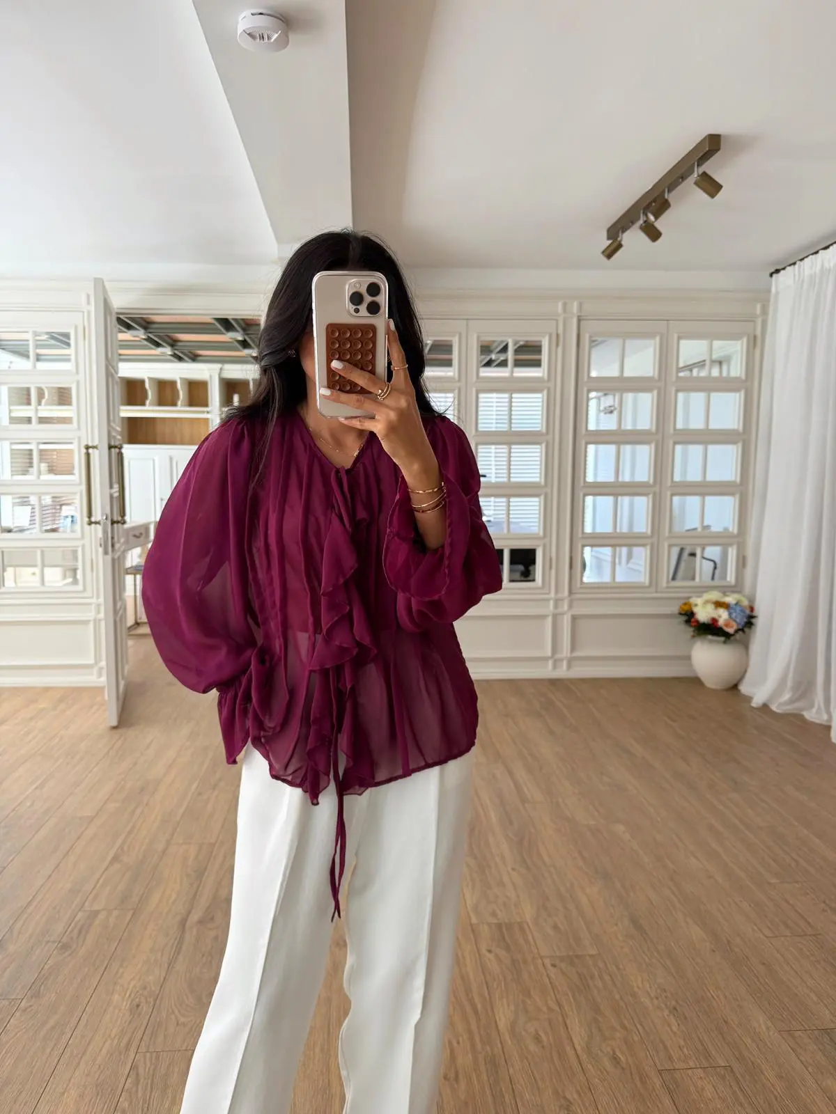 Melanie NM Fırfır Detaylı Şifon Gömlek/Bluz - Mürdüm, Standart