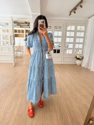 McQueen Omuz Pembe Dikiş Detaylı Boydan Fermuarlı Jean Elbise