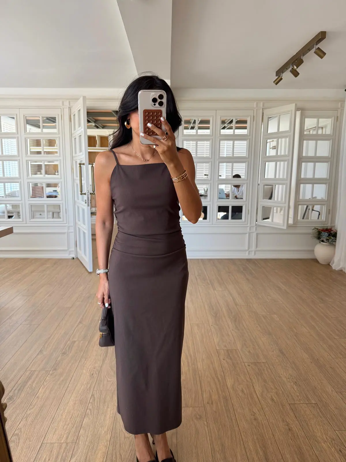Appie Dilvin İp Askılı Büzgülü Midi Elbise