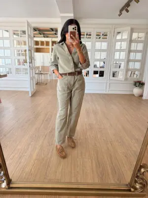 Kleyt Haki Gizli Çıt Çıtlı Yarım Kol Kanvas Tulum
