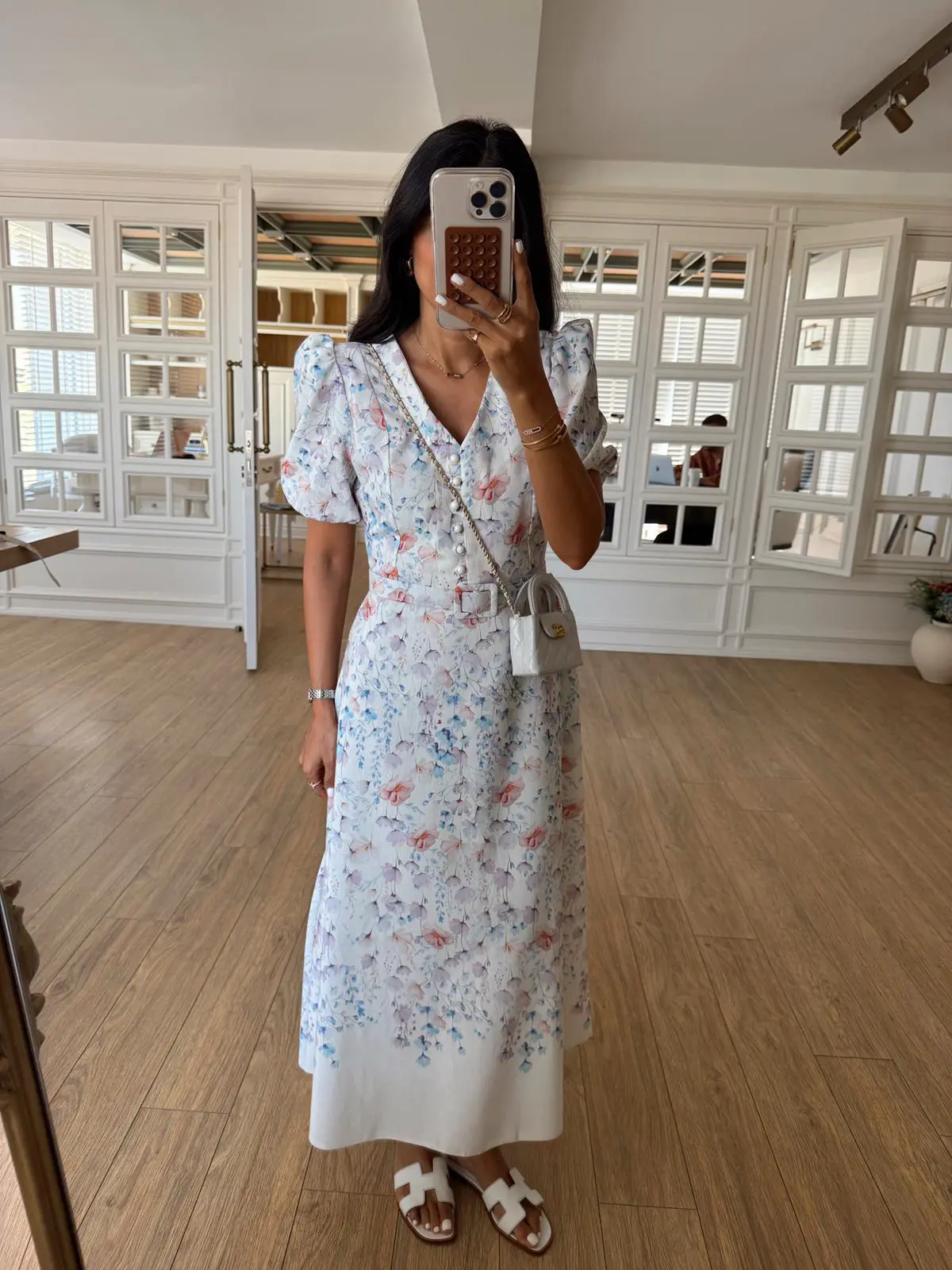Elina Çiçekli Kemerli Balon Kol Elbise