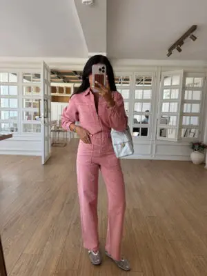 Kate Pembe Fermuarlı Cep Detaylı Kesik Paça Jean Tulum