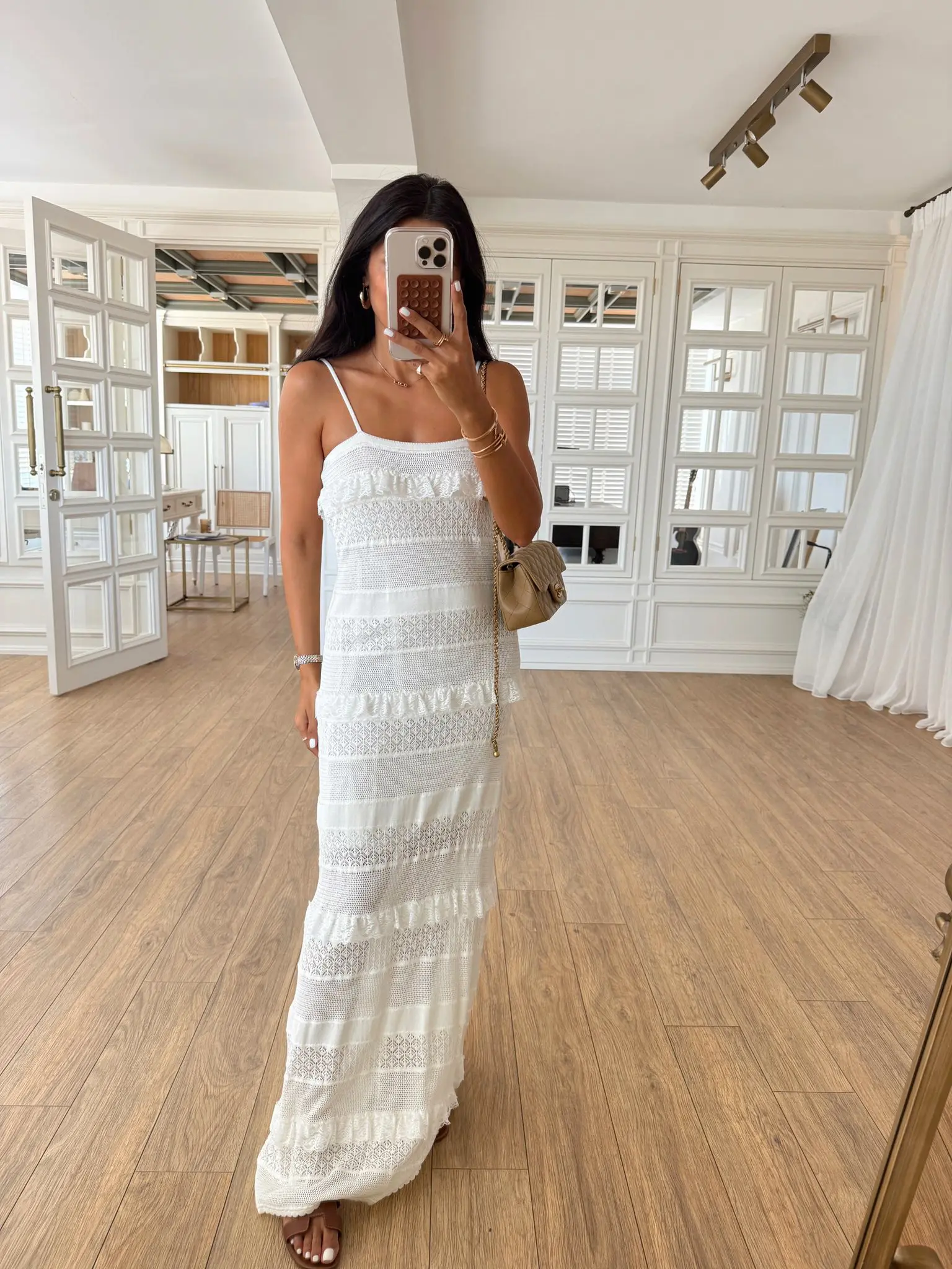 Orisona Dantel Geçişli İp Askılı Örme Elbise - Ekru, Standart
