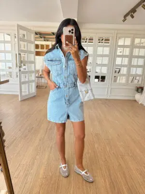 Qute Buz Mavi Yıkamalı Kol Püsküllü Taş Çakımlı Jean Tulum