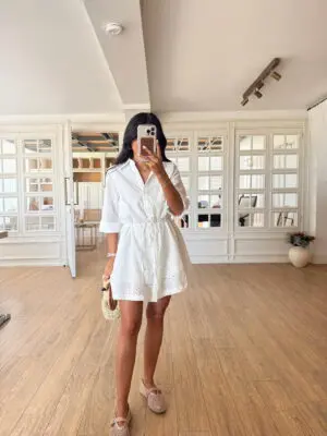 Polly Ekru Fistolu Bel Büzgülü Gömlek Yaka Astarlı Elbise