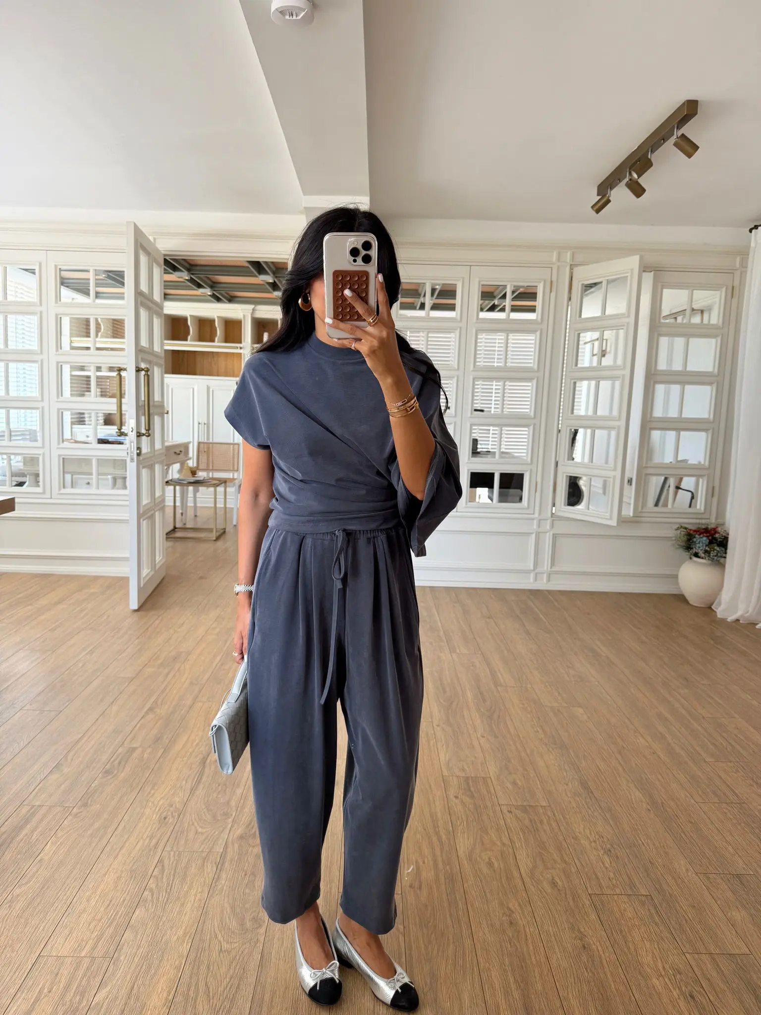 Byers Asimetrik Kesim Drape Detaylı Modal Bluz Şalvar Pantolon Takım