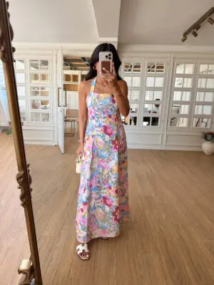 Elvina Renkli Çiçek Desenli Boyun Bağlamalı Keten Elbise