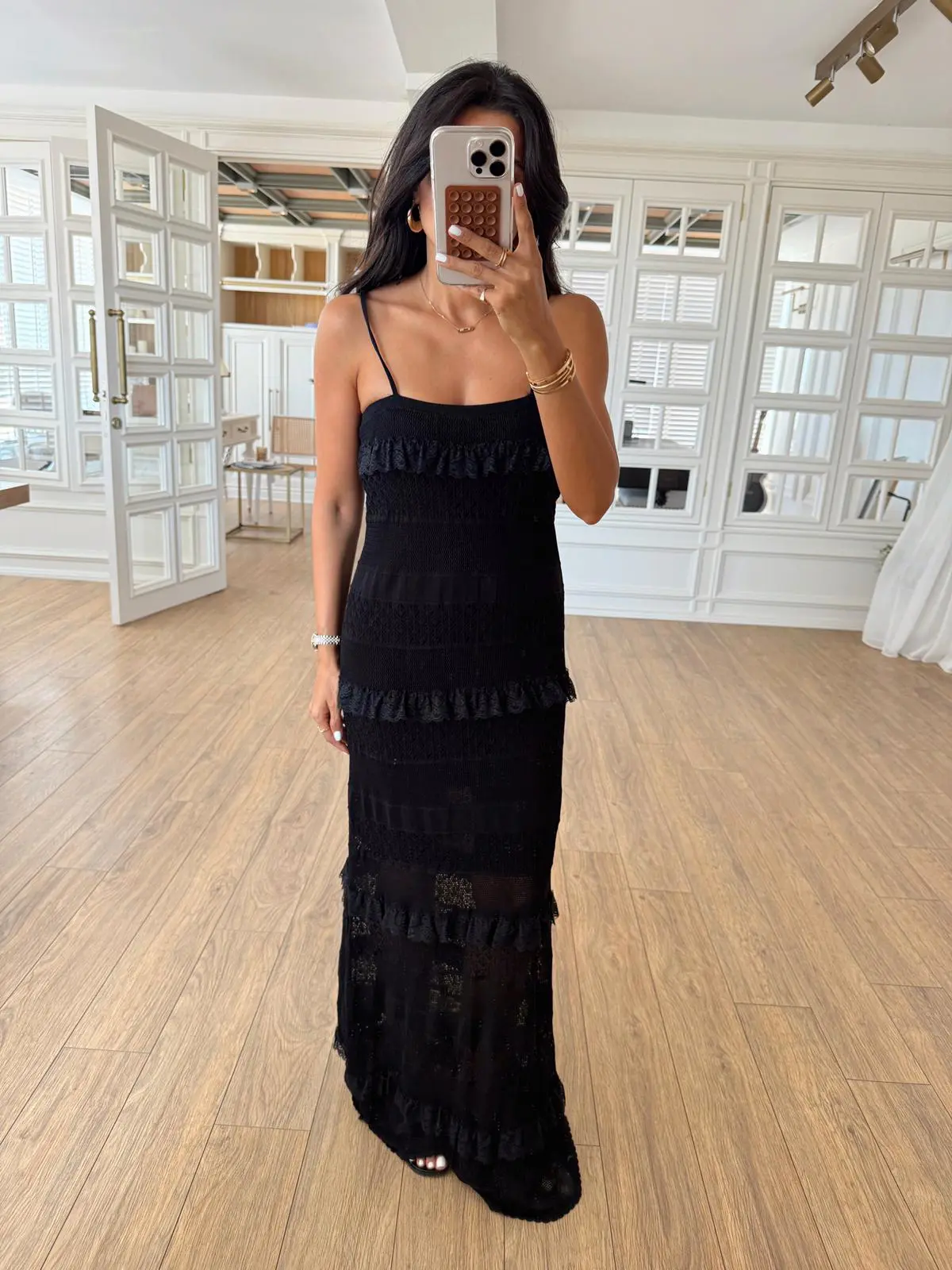 Orisona Dantel Geçişli İp Askılı Örme Elbise - Siyah, Standart