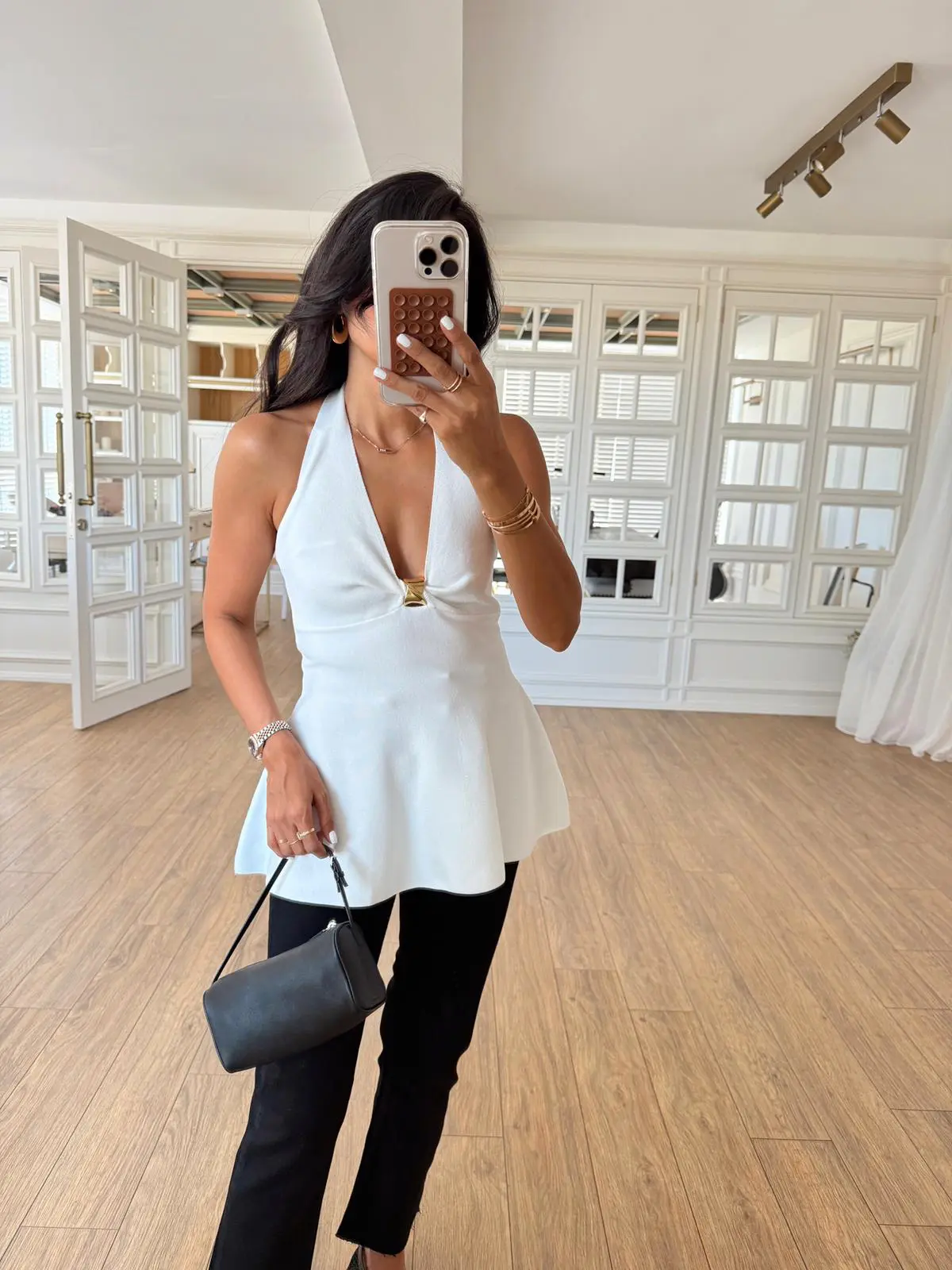 Anolica Halter Yaka Gold Toka Detaylı Peplum Triko Bluz - Beyaz, Standart