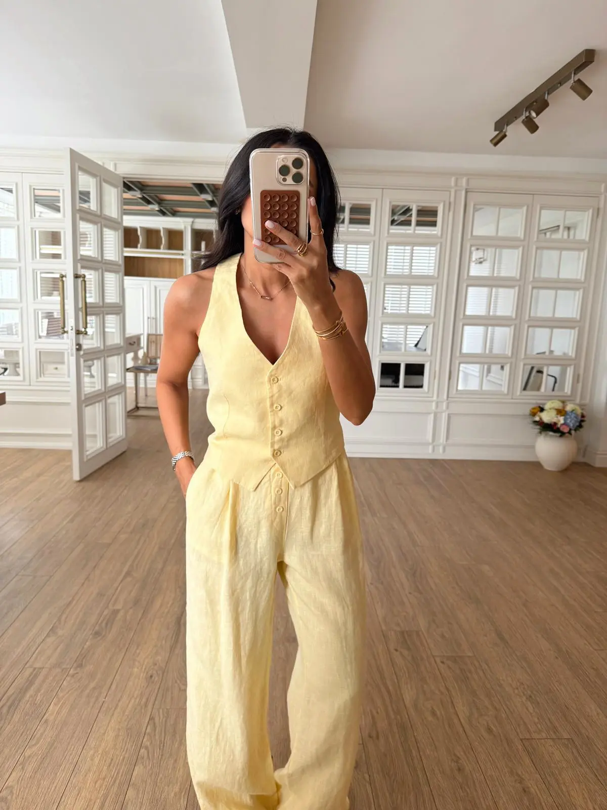 Tengwi NM Boyun Bağlamalı Premium Keten Yelek