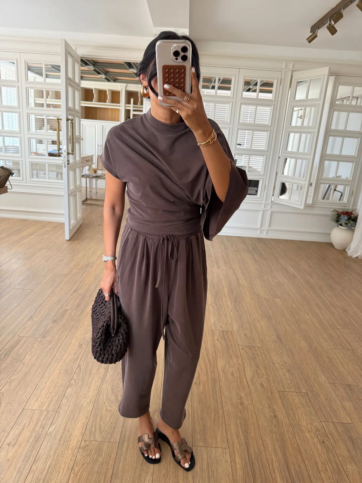 Byers Asimetrik Kesim Drape Detaylı Modal Bluz Şalvar Pantolon Takım