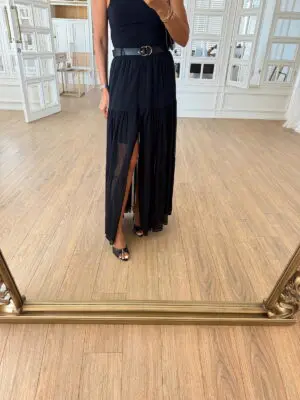 Frida Siyah Kemerli Düğme Detaylı Şifon Tül Etek