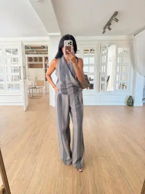 Ozbio Füme/Antrasit Halter Yaka Çizgili Bluz-Pantolon Takım