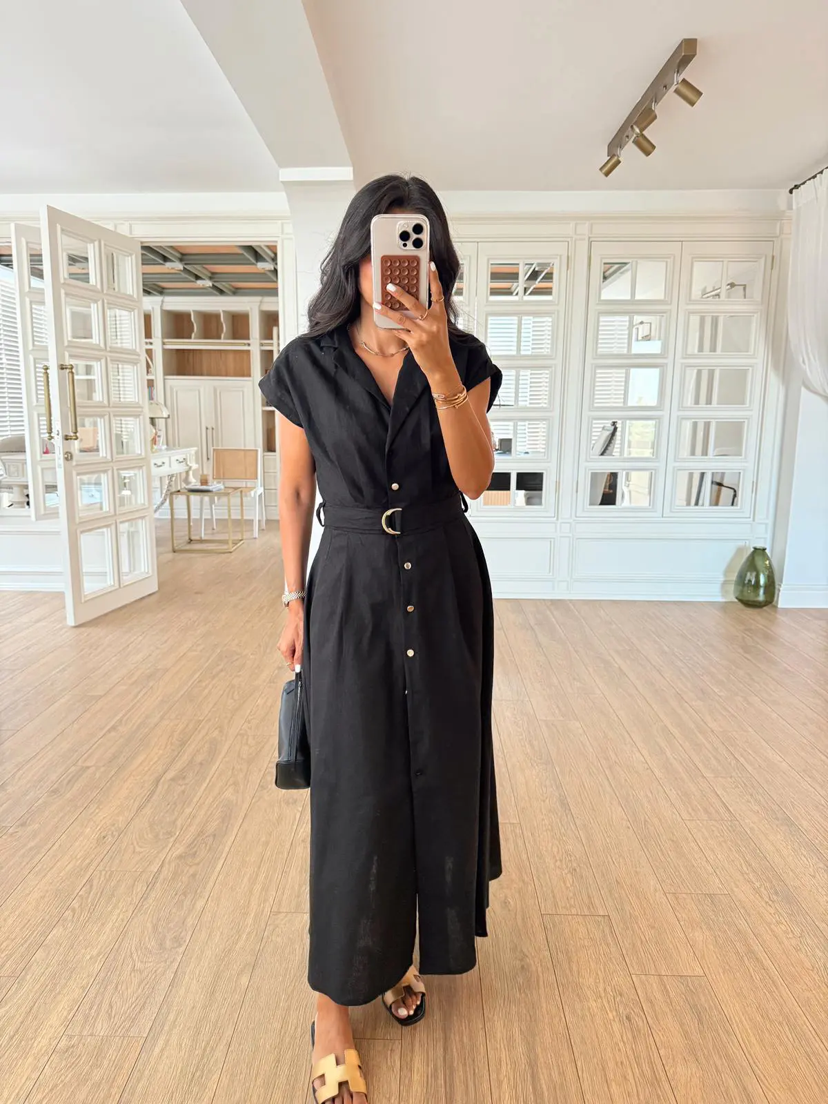 Kuşaklı Gold Düğmeli Pensli Cep Detaylı Maxi Boy Linen Elbise