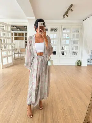 Omilly Astarlı Şalvar Paça Lastikli Pantolon Kimono Takım