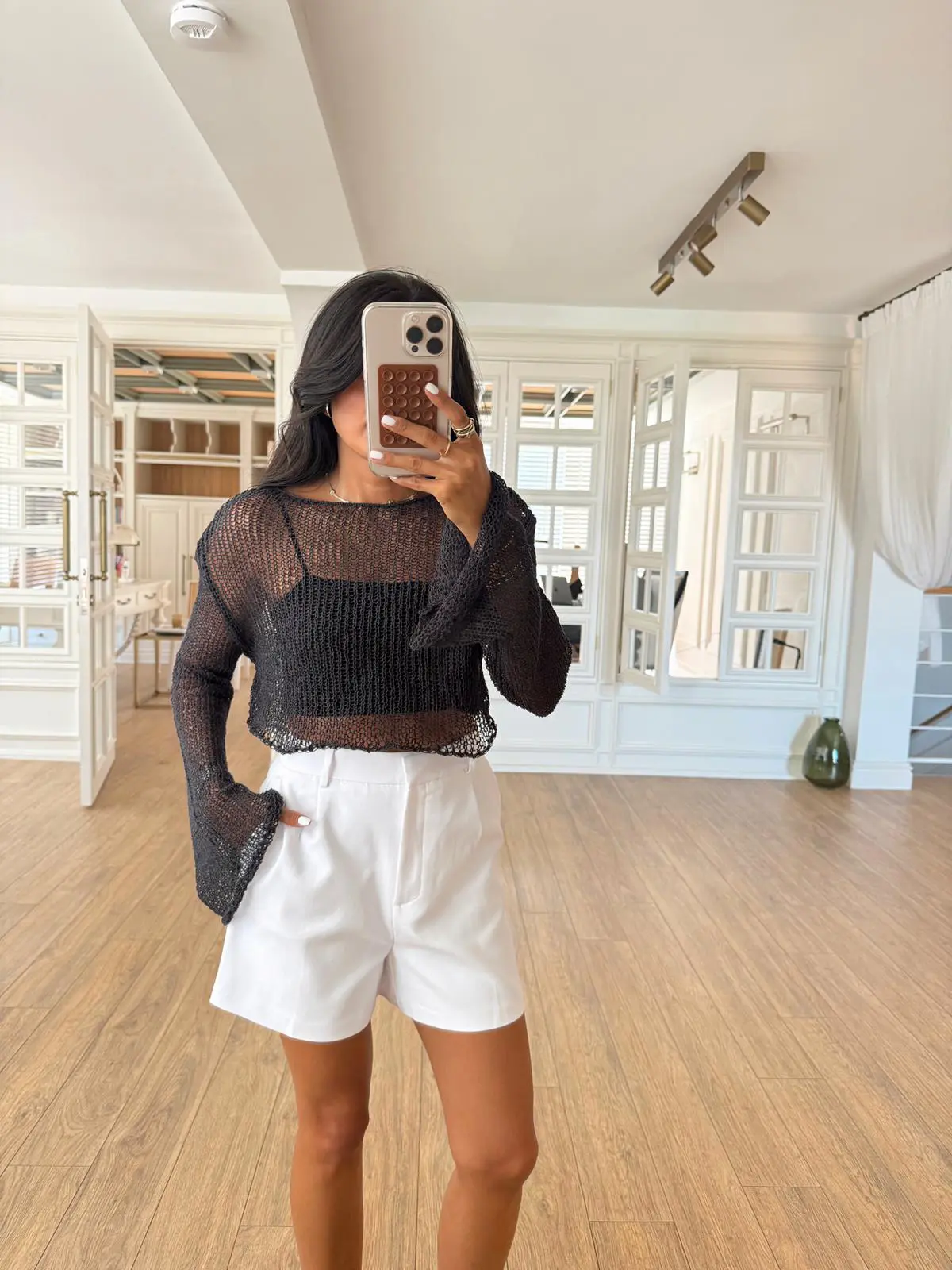 Stars Merserize Ajurlu Crop Triko Bluz - Antrasit, Standart