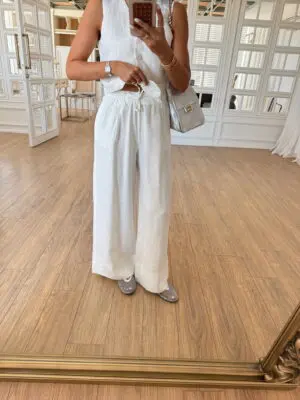 Wone Beyaz Bel Bağlamalı Duble Paça NM Keten Pantolon