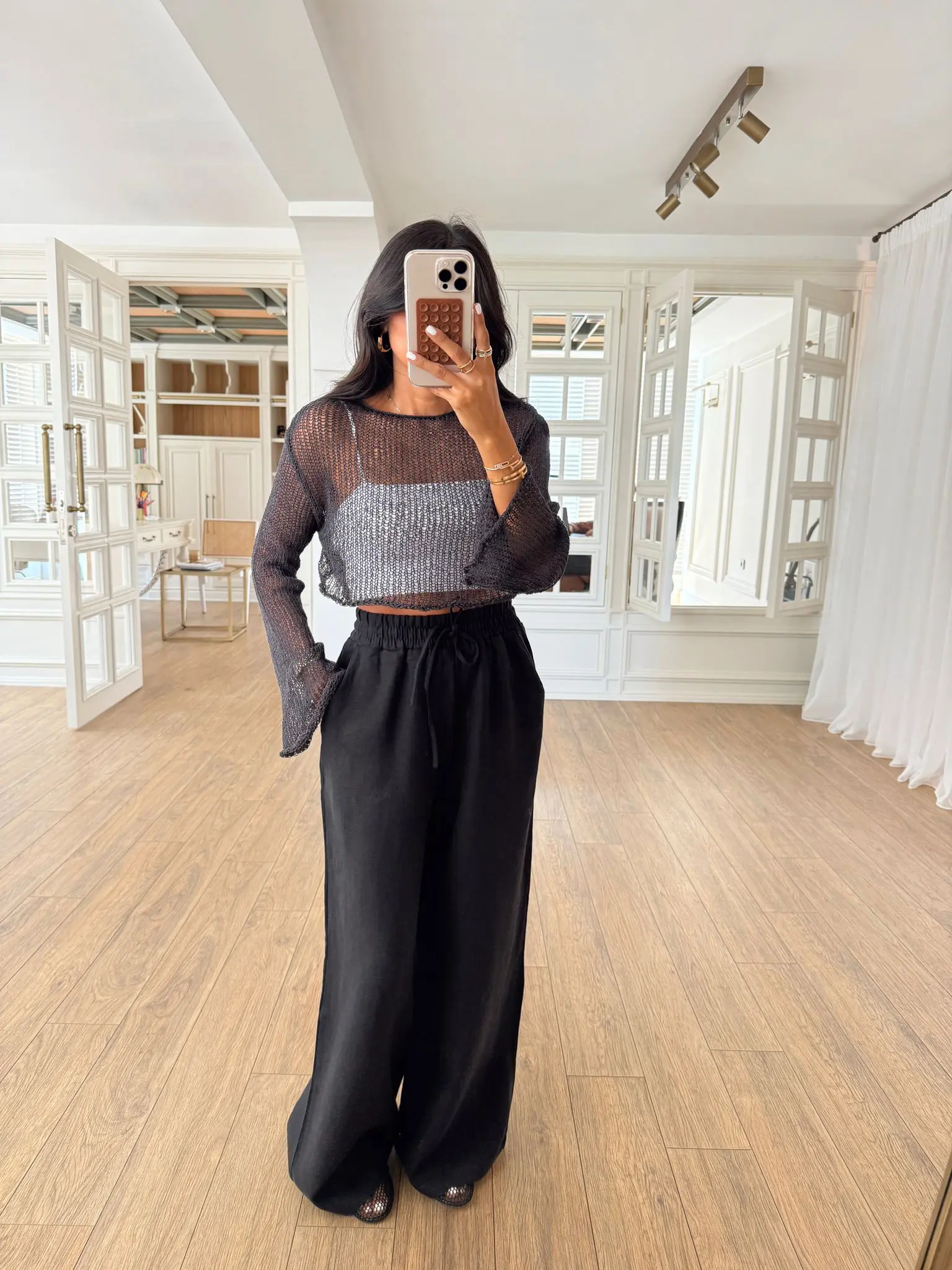 Stars Merserize Ajurlu Crop Triko Bluz - Antrasit, Standart