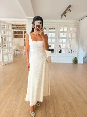 Luxe Ekru Kare Yaka Kalın Askılı Dokulu Elbise