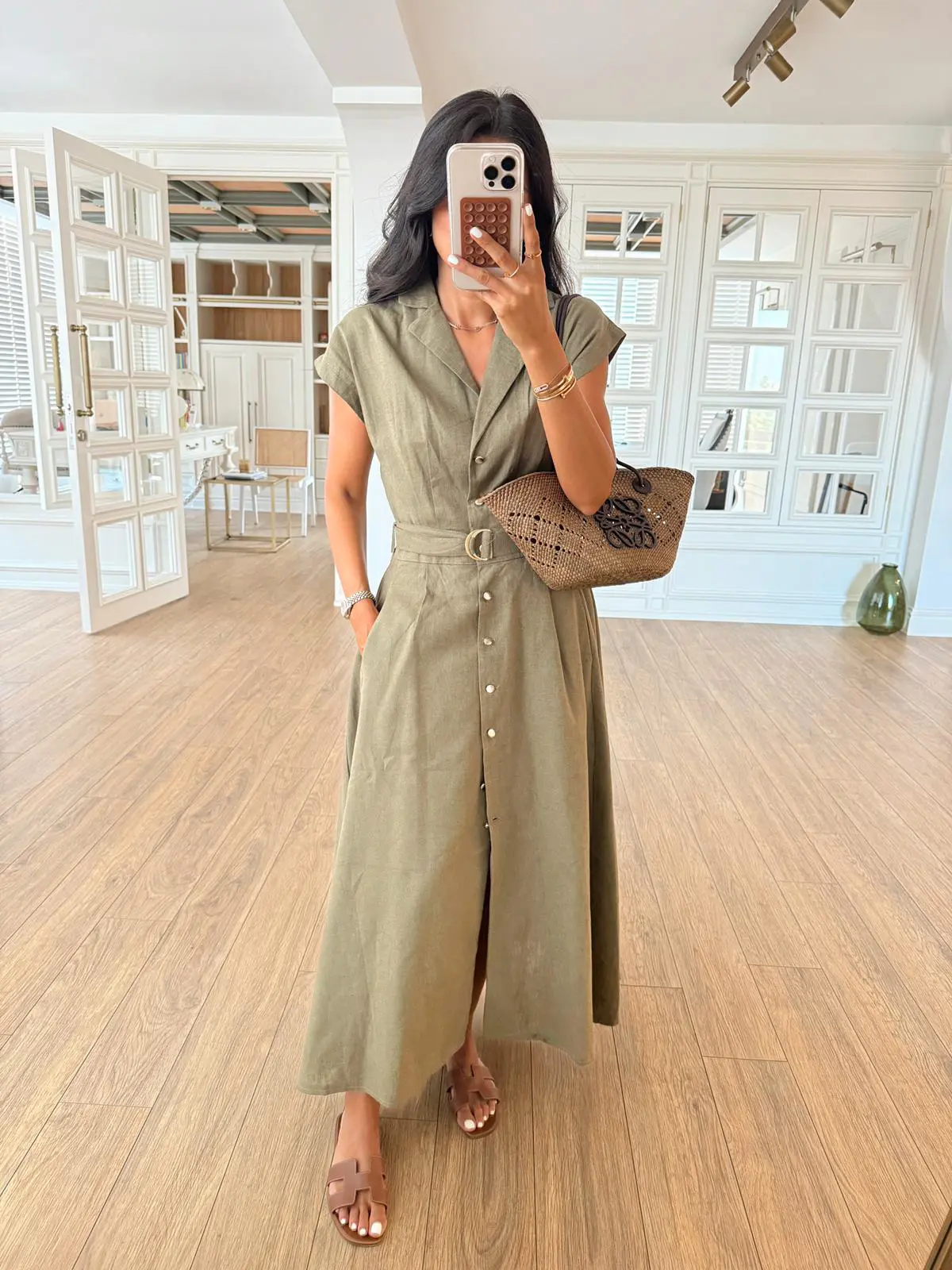 Kuşaklı Gold Düğmeli Pensli Cep Detaylı Maxi Boy Linen Elbise