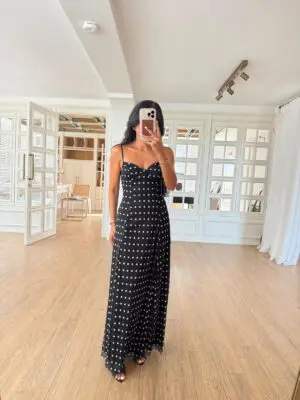 Coky Siyah-Beyaz Puantiyeli Göğüs Kulplu İp Askılı Maxi Elbise