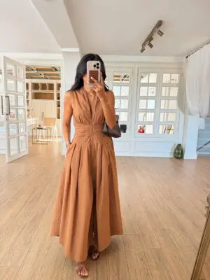 Samira Gesayi Camel Boydan Fermuarlı Premium Elbise