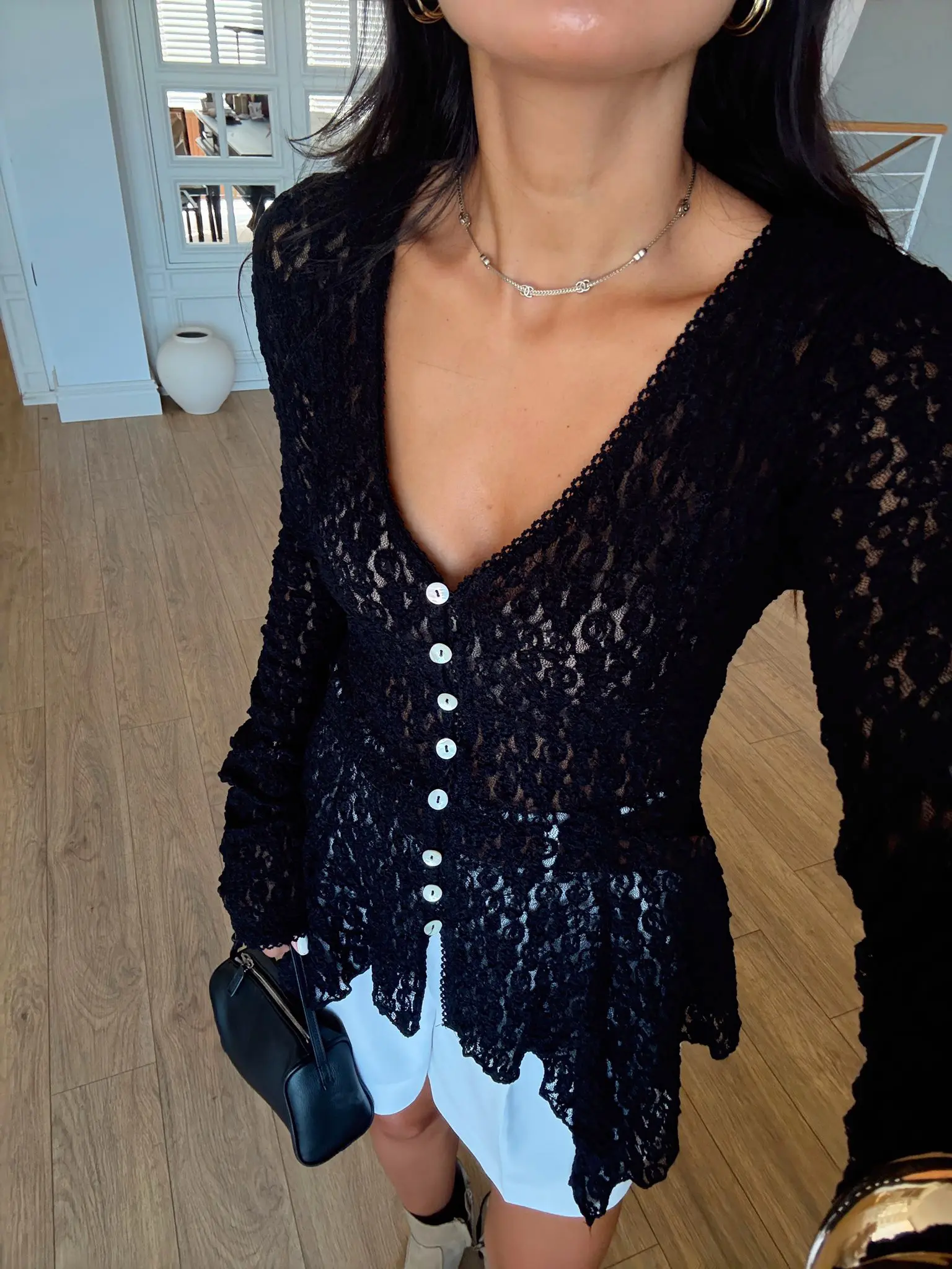 Olala Düğmeli Dantelli Premium Peplum Bluz