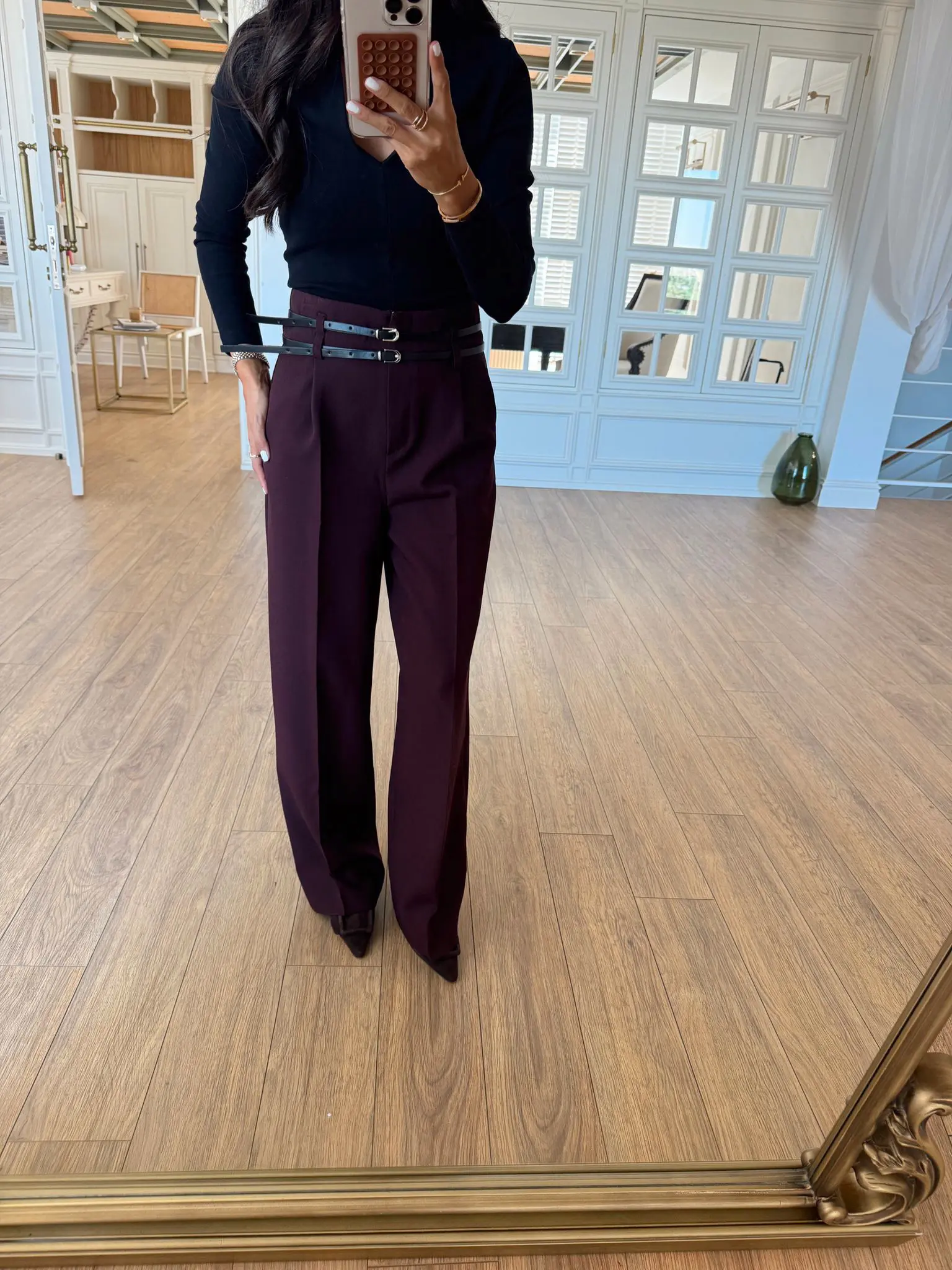 Leylina Yüksek Bel Çift Kemerli Bol Paça Pantolon
