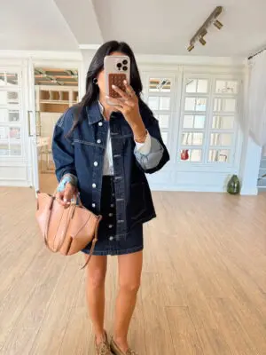Selina Vizon Dikişli Gümüş Düğmeli Çift Cepli Jean Ceket