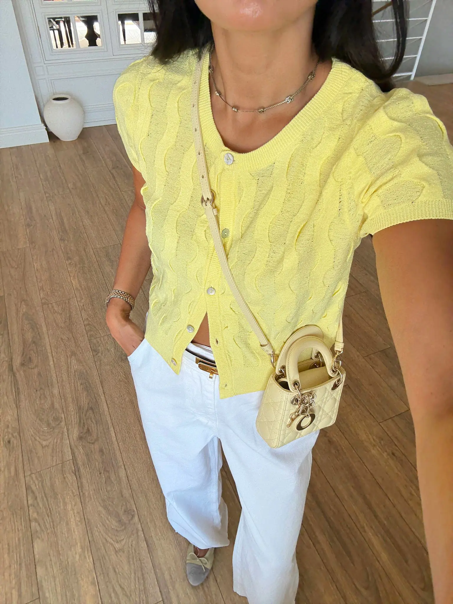 Urina Bisiklet Yaka Dokulu Düğmeli Premium Triko Hırka - Sarı, Standart