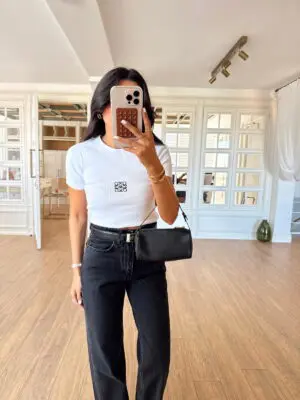 Betydight Siyah Nakışlı Beyaz Bisiklet Yaka Body