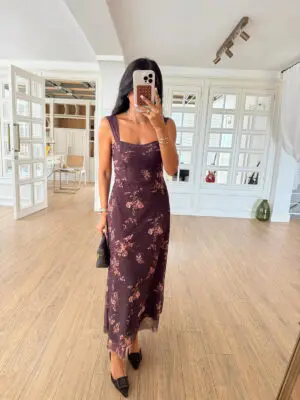 Tessa Kahve Askılı Dantel Detaylı Astarlı Elbise