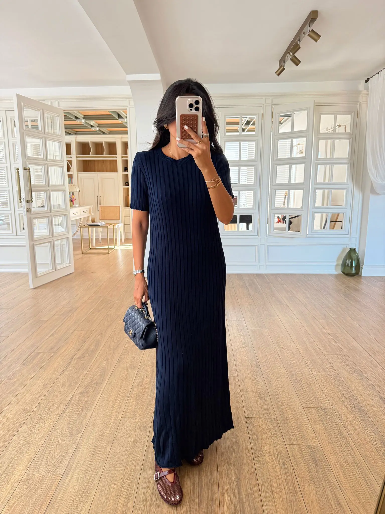 Ebon Kalın Fitilli Bisiklet Yaka Yarım Kol Maxi Elbise - Lacivert, Standart