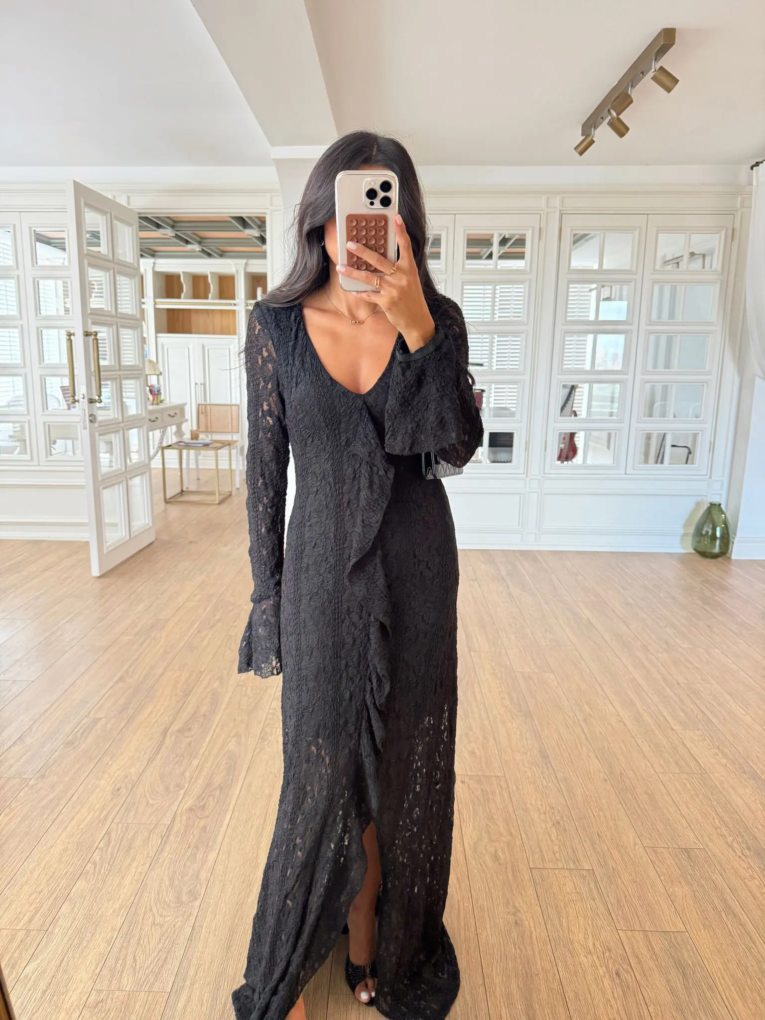 Orima Yırtmaçlı Volanlı Maxi Boy Dantel Elbise - Siyah, 36