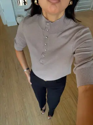 Tipex Koyu Vizon Gümüş Düğmeli Yarım Balıkçı Kısa Kol Triko