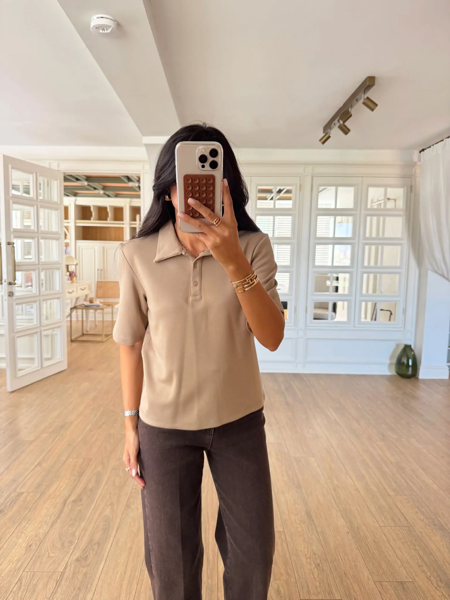 Rota Yakalı Kısa Kollu Tshirt - Bej, 36