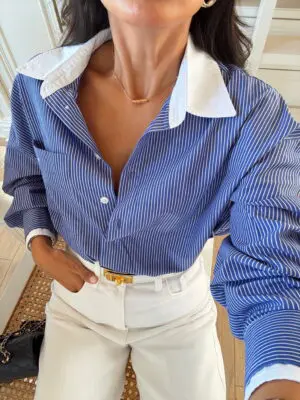 Enzos Yaka-Kol Beyaz Manşet Detaylı Mavi Kontrast Gömlek