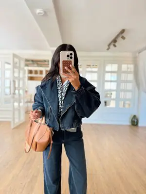 O-Two Sty Çapraz Fermuarlı  Blue Black Jean Ceket