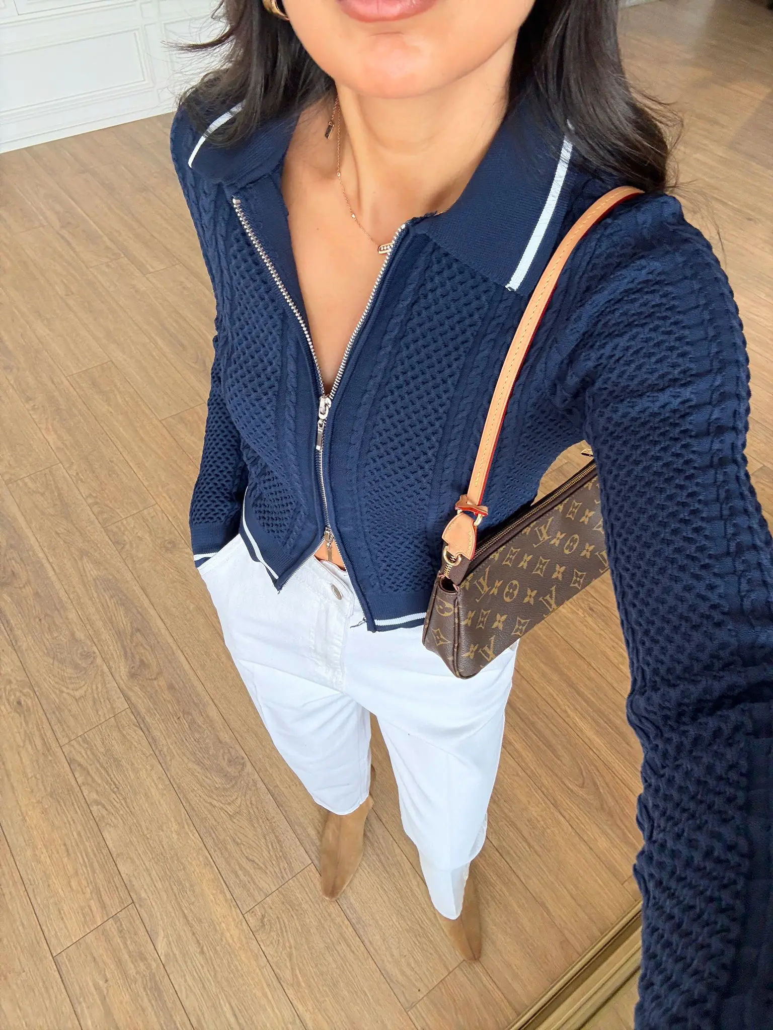 Samira Beyaz Biyeli Polo Yaka Fermuarlı Dokulu Örme Hırka - Lacivert, Standart